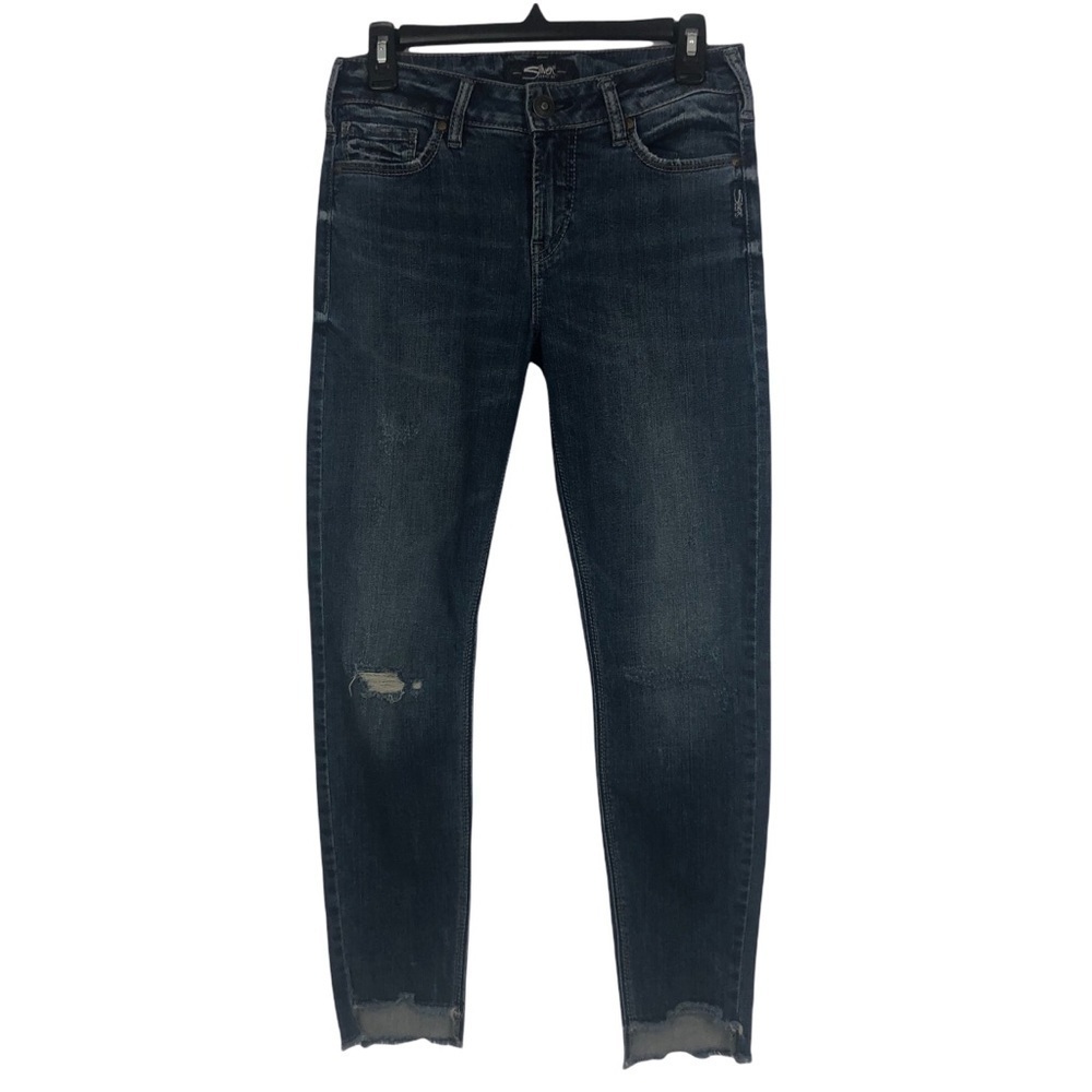 SILVER Jeans CALLEY Women’s Blue Jeans Sz 5/6 (W28/L27) Shark Bite Hem Distress